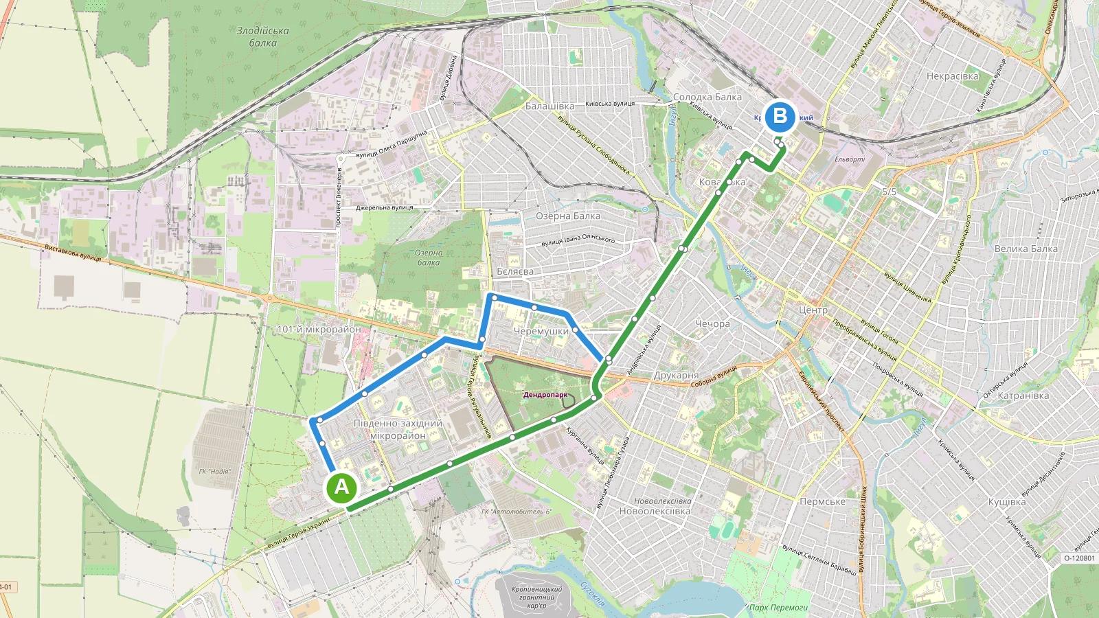 Схема маршруту Тролейбус 9 Кропивницький: прямий і зворотний напрямки