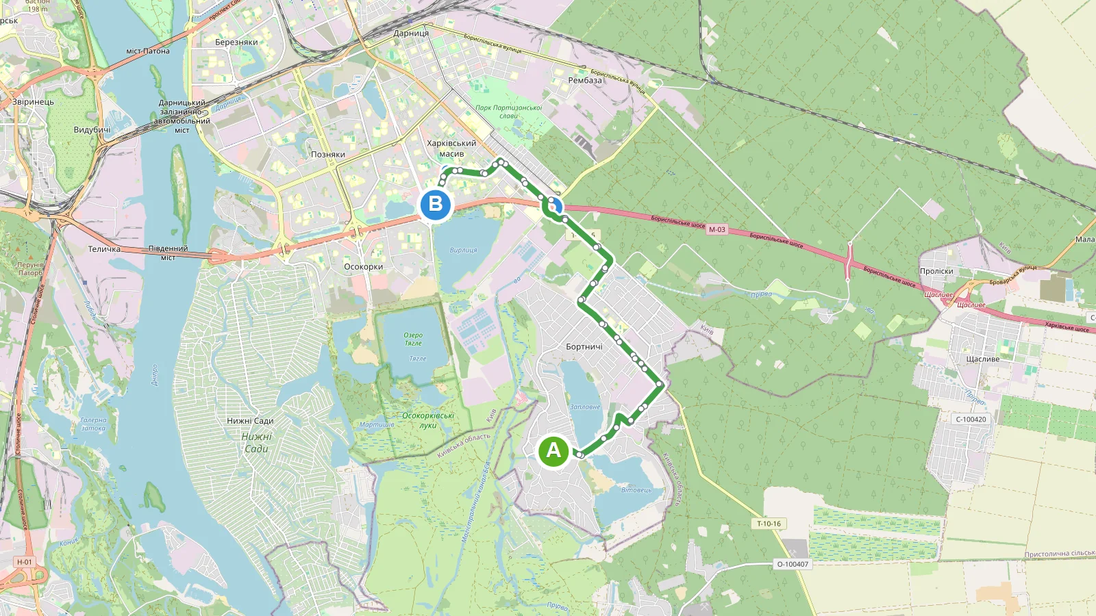 Схема маршруту Автобус 104 Київ: прямий і зворотний напрямки